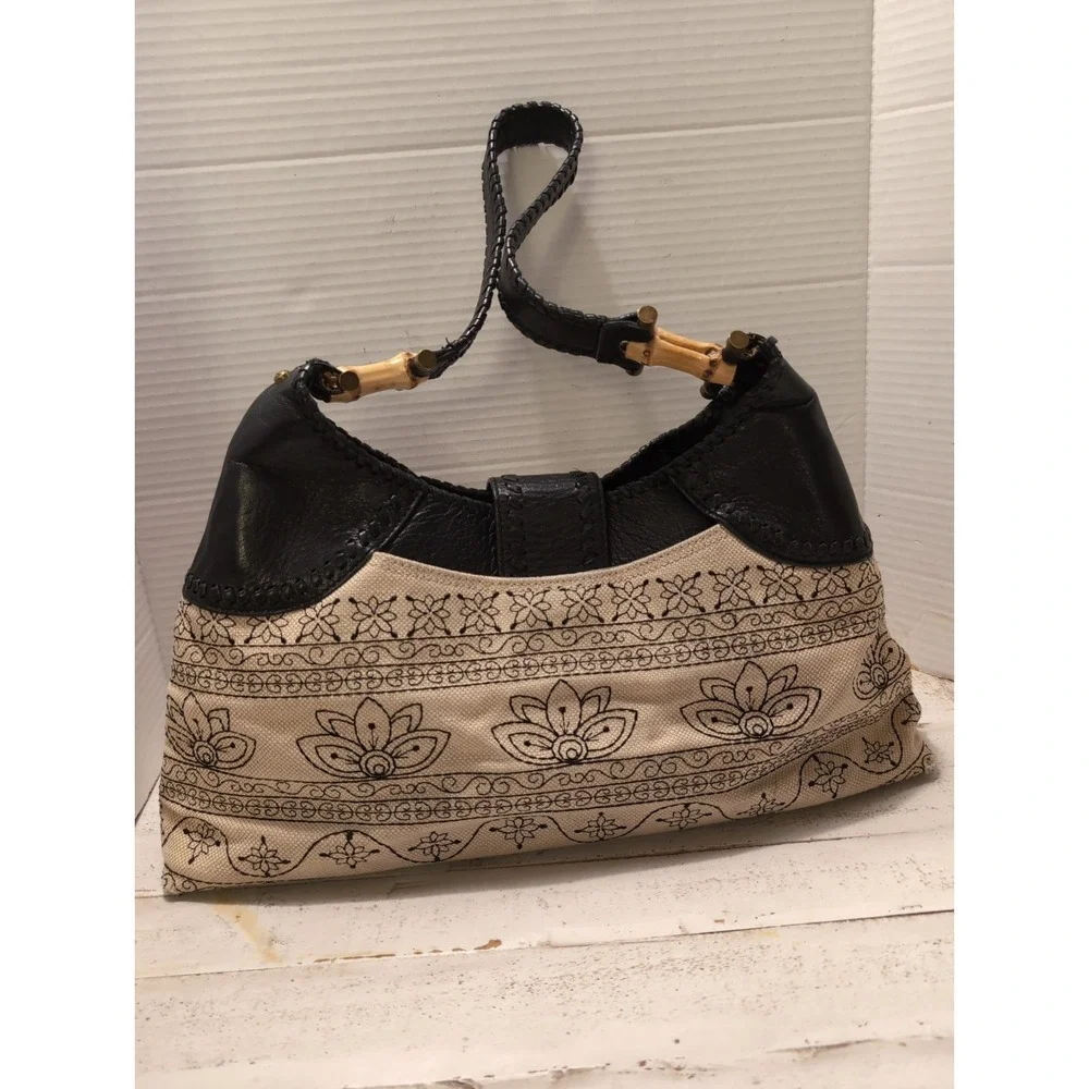 Kate Landry Beige & Black Embroidered Hobo Bag with Bamboo Accents